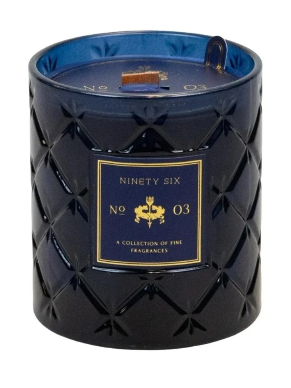 Ninety Six No. 03 Deep Blue Glass Scented Candle Wooden Wick 16.6 oz NWOT